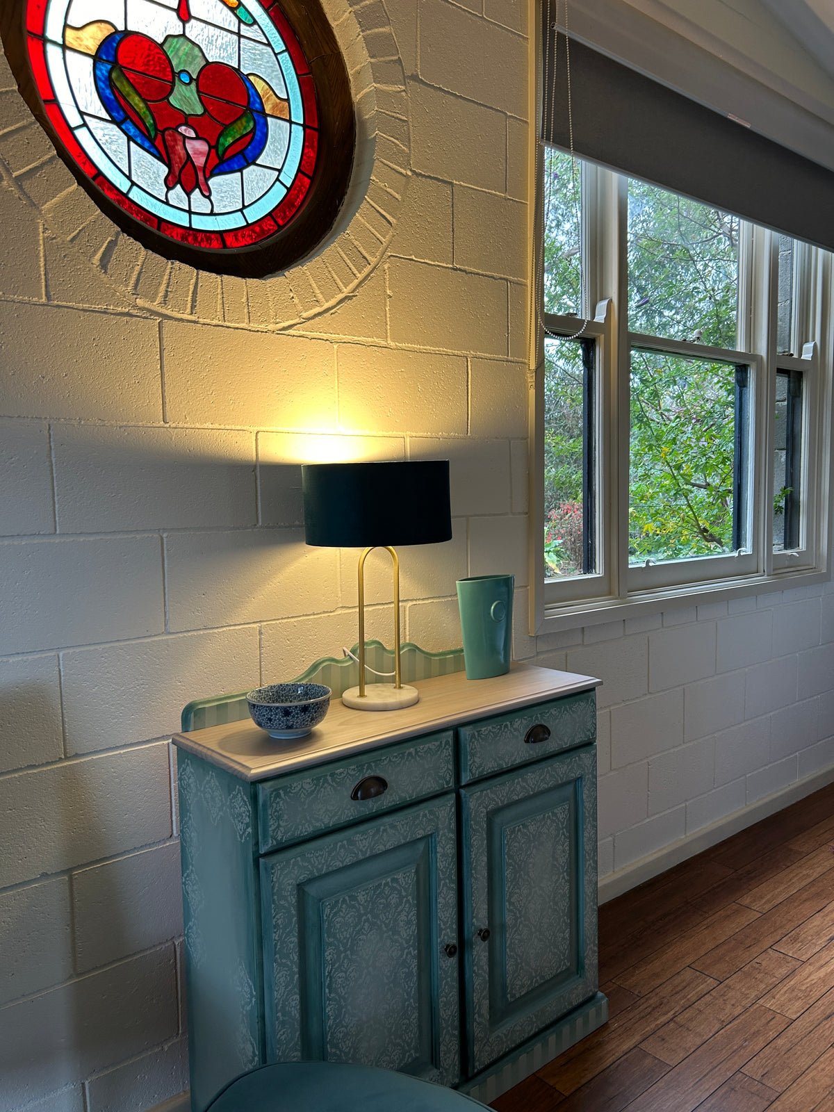 Garden Studio showing handmade stencilled furniture - an old traditional technique used - Convent at Koroit.